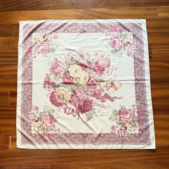 Vintage Romantic Scarf Cabbage Roses Cream Pink Florals Cotton Silk ? 30 x 31 - Picture 1 of 7